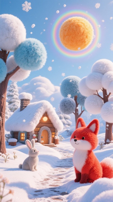 完全由毛绒构成的梦幻冬季室外场景，大地覆盖厚厚的白色毛绒雪，像柔软的云朵，细腻的白色绒毛雪花在微风中飘动，树木是巨大毛绒玩具形态，枝干和树叶被蓬松的白色和淡蓝色绒毛包裹，如同巨大毛绒雕塑，远处小木屋的预览效果