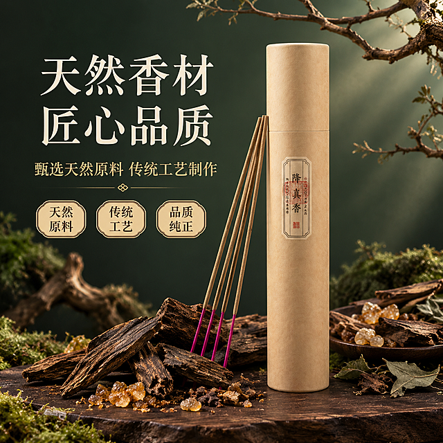 [主图-2] 天然香材原料展示 品质保证卖点
[统一基调] 高级暗调新中式禅意风格，深墨绿色渐变背景，柔和侧逆光营造氛围感，木质枯枝干苔藓道具，整体色调沉稳雅致，主标题用米白色宋体大字，副标题用浅金色小字，信息卡片用深棕描边圆角样式，全套视觉统一。
[画面] 画面为左右结构，左侧文字右侧产品与原料展示。右侧深色木质台面上，摆放着降真香线香产品：一支竖立的牛皮纸筒包装（保持原图外观：米黄色牛皮纸筒身，正面竖版标签，黑色'降真香'三字及红色印章），旁边斜靠数支线香（棕褐色香身，紫红色香脚）。产品周围散落摆放各种天然香材：几块深棕色木质香料、一些琥珀色树脂颗粒、几片干燥的草本植物叶片，自然散落在深棕色木板上。背景是深墨绿色渐变，上方有几根干枯的树枝作为装饰，底部有绿色苔藓点缀。
[光影质感] 商业摄影质感，右侧柔和侧光，木质香料表面呈现自然的纹理和光泽，树脂颗粒有晶莹的通透感，牛皮纸筒有哑光纸质纹理，线香有细腻的木质肌理。光影层次丰富，明暗过渡自然，突出天然材质的质感。
[配色] 背景主色：深墨绿渐变至深灰；主标题色：米白色；副标题色：浅金色；香材色：深棕、琥珀黄、草木绿；点缀色：苔藓绿、枯木棕。
[文字版式] 左侧上半部分主标题两行'天然香材 匠心品质'，米白色宋体加粗。下方副标题'甄选天然原料 传统工艺制作'，浅金色小号宋体。下方排列三个圆角信息标签，深棕描边浅金底，分别写'天然原料''传统工艺''品质纯正'。文字排列在左侧负空间，清晰可读。
[输出要求] 1:1正方形构图，2K分辨率，产品与香材细节清晰，文字清晰可读。禁止变形、错字、模糊、水印、平台Logo。禁止修改产品外观形状。