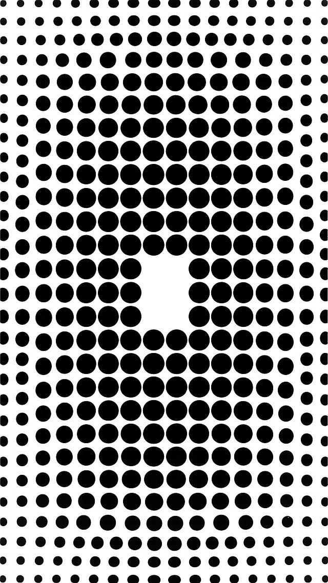 极简主义风格设计，白色背景，由大量黑色实心圆点组成的半色调图案，圆点大小均匀，排列成规则的网格状，从上下左右四个边缘向中心区域呈现密度逐渐减小的渐变效果，中心区域形成一个明显的、几乎无圆点的空白区域，整体构图对称平衡，具有强烈的几何秩序感和视觉引导性，呈现出简洁、现代、抽象的视觉美感。