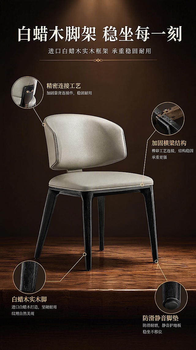 [第4张] 结构工艺页-白蜡木实木脚架与承重框架展示。本张使用【图1】左侧浅灰色餐椅作为商品主体。
[氛围/风格] 工业质感+匠心工艺风，沉稳专业，商业产品摄影质感。
[元素布局] 浅灰色餐椅置于画面中央，占比约55%，微仰视角度突出椅脚线条；画面四周分布四个结构标注点，分别指向：前椅脚（白蜡木实木）、横梁连接（榫卯工艺）、椅脚底部（防滑脚垫）、靠背支撑（加固连接件）；背景为深棕木色渐变，底部有实木纹理台面承托；餐椅结构、白蜡木黑色脚架、浅灰色号与输入图一致。
[光影质感] 上方聚光主光打亮椅身，四周暗角突出主体，椅脚木纹有清晰光泽，金属连接件有高光点缀，整体有厚重稳固感。
[配色色系] 全局底色 #3A2E26（深棕木色）；主色黑色白蜡木脚+浅灰真皮；辅助色金色标注线、米白文字；点缀色铜色五金。
[视角构图] 微仰视45°，产品居中，四条引线标注分布四周，阅读动线从中心产品向四周扩散。
[文字版式] 版式为中心产品+四周引线标注。顶部大标题「白蜡木脚架 稳坐每一刻」，副标题「进口白蜡木实木框架 承重稳固耐用」；四个引线标注分别为：「白蜡木实木脚」「加固横梁结构」「防滑静音脚垫」「精密连接工艺」，每项配1行简短说明；文字为白色/金色，字号适中清晰。
[比例分辨率] 9:16竖版比例，4K分辨率，文字清晰可辨，高清画质。
[负向提示词] 椅脚变形，结构错误，木纹错乱，水印，文字过小，颜色偏差，背景杂乱。