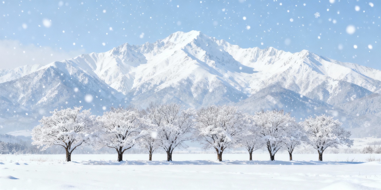 生成雪景图，背景构成有一排树、雪山、不要有人，尺寸6米宽，3米高预览效果