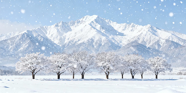 生成雪景图，背景构成有一排树、雪山、不要有人，尺寸6米宽，3米高
