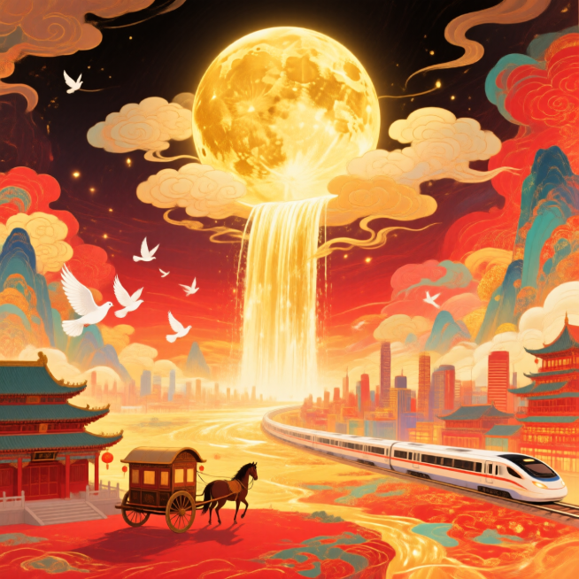 月光如金色的瀑布从圆月（占满画面2/3）上倾泻到底部的全景大地上（马车、动车分别行驶在古建筑和城市间），画面带有发光效果，白鸽飞过，整体画面充斥着华丽的金色和喜庆的红色，奇幻色彩和光影变化，具有丰富的预览效果