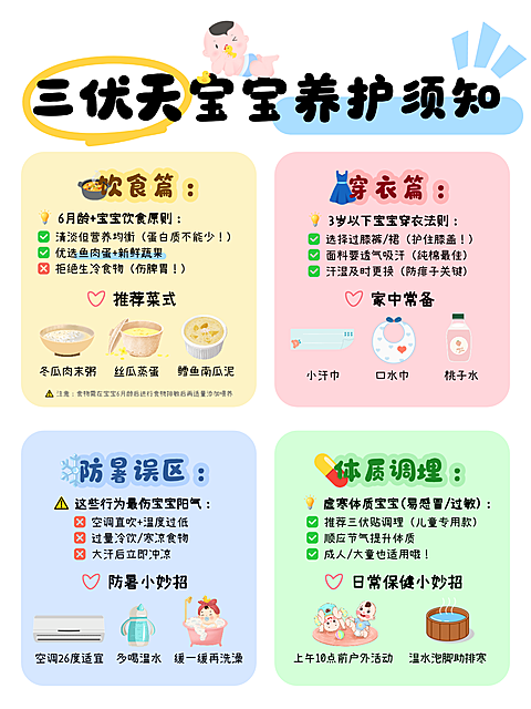 三伏天宝宝养护须知分享卡通风小红书配图