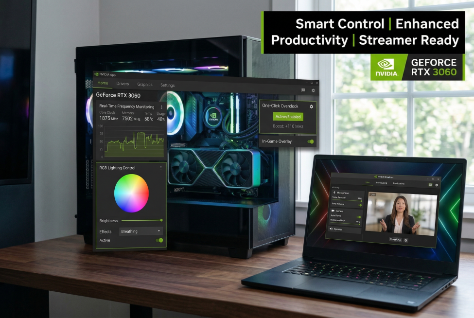 保持画面内容不变,调整为970*600像素尺寸,Software ecosystem showcase, NVIDIA App interface overlay on RTX 3060 graphi预览效果