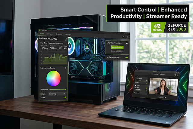 保持画面内容不变，调整为970*600像素尺寸，Software ecosystem showcase, NVIDIA App interface overlay on RTX 3060 graphics card, features: RGB lighting control, real-time frequency monitoring, one-click overclock, "picture-in-picture" layout: background is card in PC, foreground is laptop screen showing Broadcast app (noise cancellation, background blur), text overlay: "Smart Control | Enhanced Productivity | Streamer Ready".