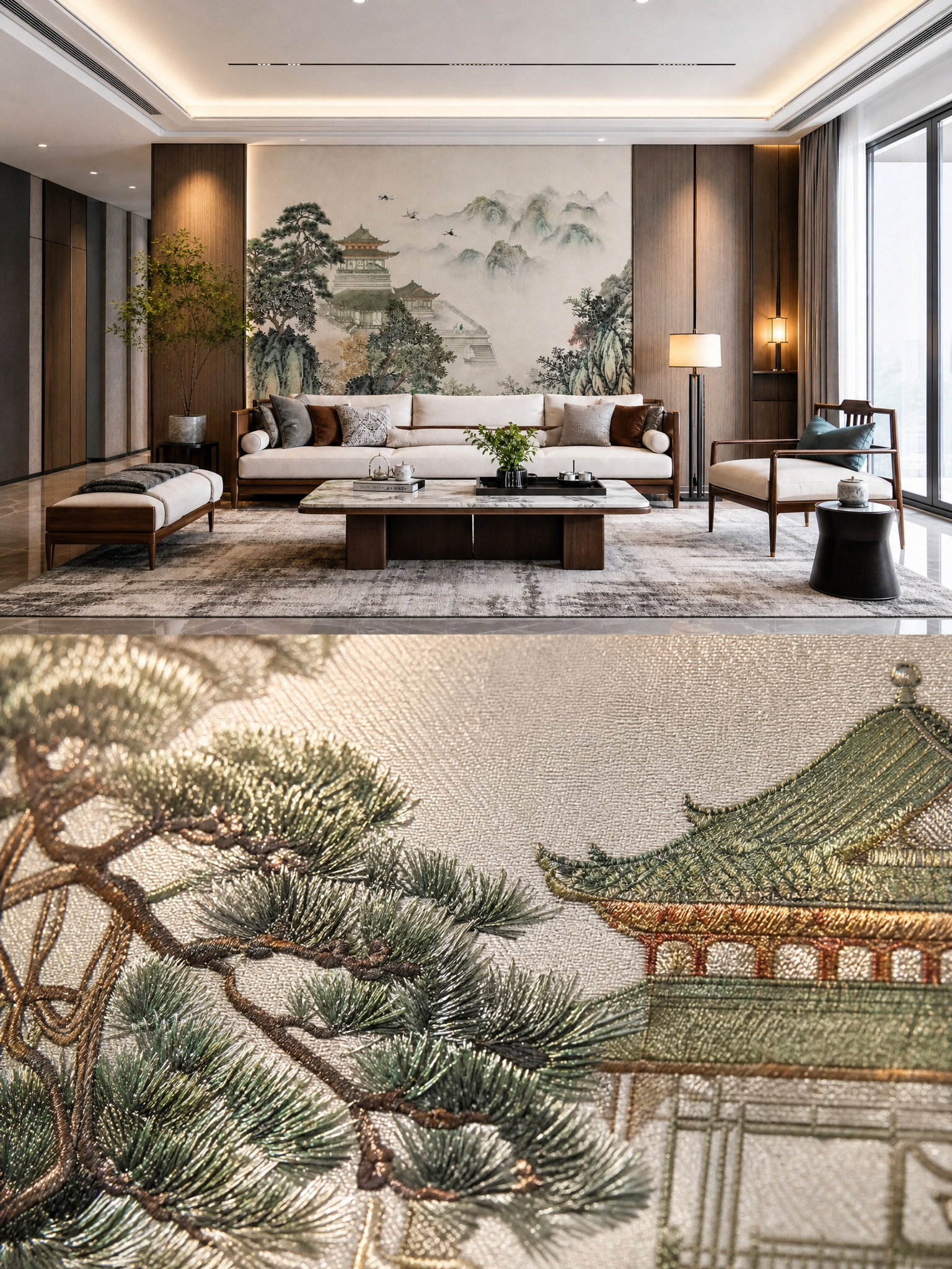图片上下分屏拼接，上半部分保留原图的新中式客厅场景图，展示刺绣… - 图片创意预览