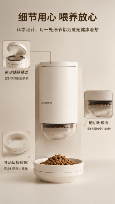 [主图-3] 悬挂式自动宠物喂食器细节结构展示。
[氛围风格] 简约专业，突出材质安全，商业摄影质感。
[画质] 细节清晰锐利，材质质感真实，画面干净。
[元素] 中心放置喂食器主体，带三个圆角画中画预览效果