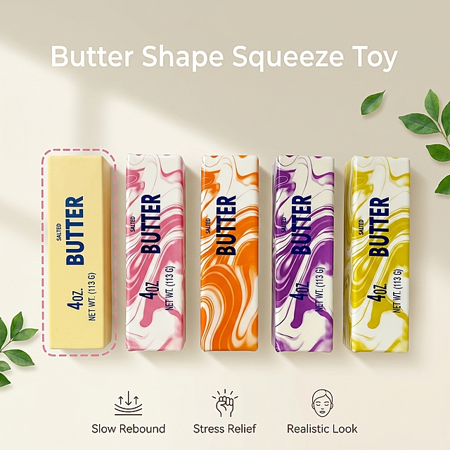 Butter-shaped slow rebound pinching toy, 5 colors in arrangement, advanced atmosphere main image for AliExpress. Keep 5 products' original appearance, color, structure, text logo consistent with input images, no distortion or color difference. Layout: 5 products placed neatly in lower center, natural spacing, 65% frame coverage. Background: light cream white gradient, soft matte, small green leaf decorations at corners without blocking product. Text: top center "Butter Shape Squeeze Toy", light sans serif, clear hierarchy; bottom 3 small icons with labels "Slow Rebound", "Stress Relief", "Realistic Look". Light: natural soft window light from left, soft shadow, clear texture, good three-dimensional sense. Color: main tone light cream white, auxiliary colors extracted from product, soft and harmonious. 1:1 2048px, high definition, text clear. Negative: deformation, text error, blurry, messy background, watermark, logo