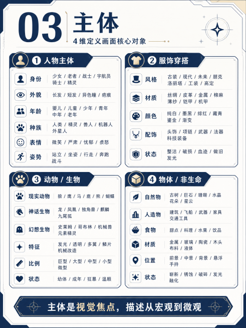 「图片1」03 主体
副标题：4 维定义画面核心对象
【人物主体】
身份：少女 / 老者 / 战士 / 宇航员、骑士 / 精灵
外貌：长发 / 短发 / 异色瞳 / 疤痕
年龄：婴儿 / 儿童 / 少预览效果