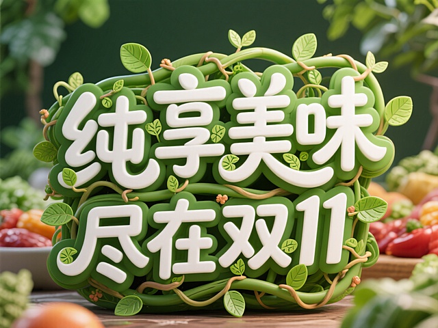 字体设计“纯享美味 尽在双11”，多层字体设计，第一层是白色，第二层是绿色。卡通可爱的藤蔓字体，植物缠绕， 叶片花纹字形，字形生动，自由，活泼，简约。生鲜食物背景。高饱和色调。