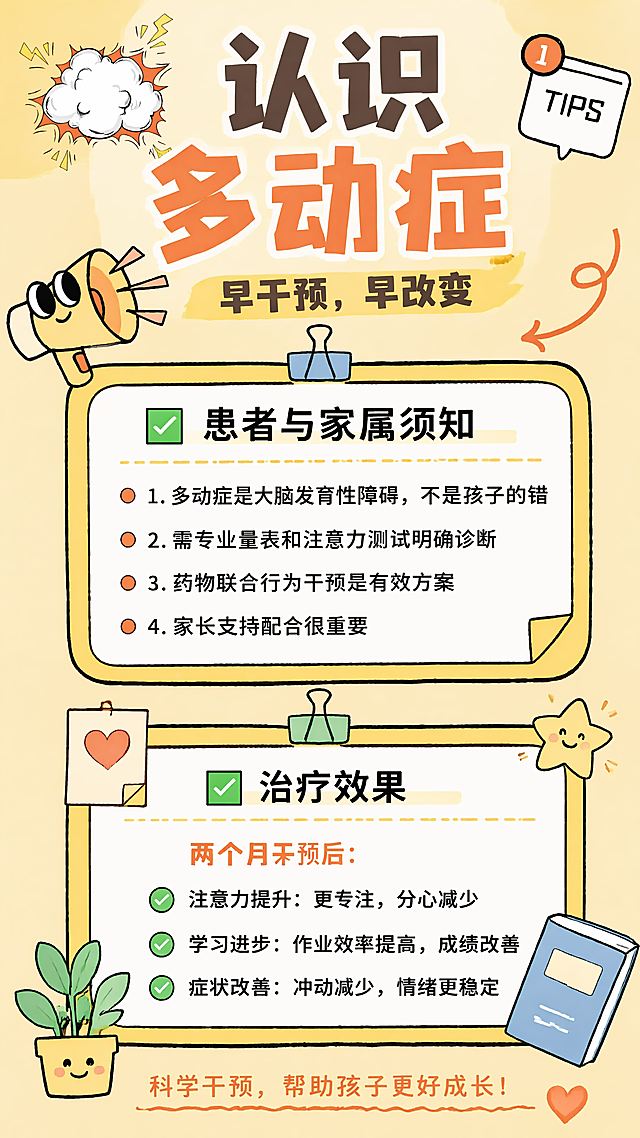 手绘卡通风格多动症科普医疗宣传海报，暖黄色背景，参考图版式结构，分为两个信息卡片区域。顶栏主标题是"认识多动症"，副标题是"早干预，早改变"，左上角装饰有爆炸贴元素，右上角装饰提示标签。第一个卡片标题是"患者与家属须知"，内容为：1. 多动症是大脑发育性障碍，不是孩子的错；2. 需专业量表和注意力测试明确诊断；3. 药物联合行为干预是有效方案；4. 家长支持配合很重要。第二个卡片展示治疗效果：两个月干预后，注意力提升，学习进步，症状改善。使用对勾和小红点作为项目符号，整体字体层级分明，信息分区清晰，手绘卡通装饰元素，暖黄色调，专业且亲切。画面比例9:16，排版精美，文字清晰可读。