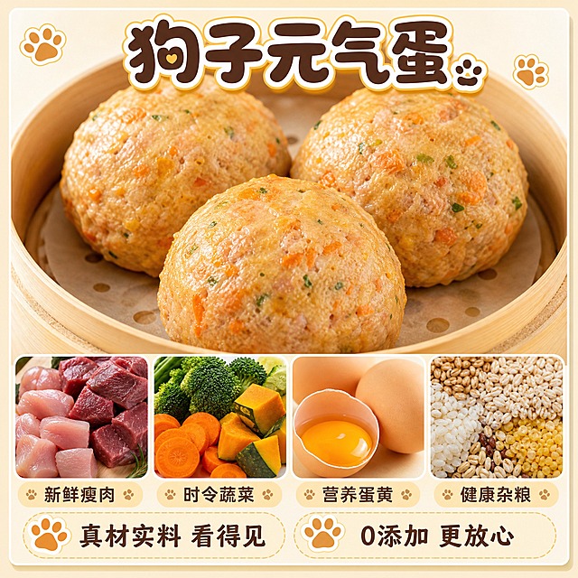【图3优化：食材拼贴图】

参考原图风格：狗饭窝窝头成品+新鲜原料的拼图形式，展示真材实料。保持拼图/拼贴的展示方式和食材新鲜的核心表达。

优化调整（差异化）：
1. 整体布局调整：从原图的不规则拼贴改为更精致的排版，上方是成品窝窝头大图，下方是分格的原料展示，构图更规整
2. 成品窝窝头：数量从多个改为3个大的窝窝头特写，放在竹制蒸笼里，表面金黄饱满，食材颗粒清晰可见，更有食欲
3. 原料分格：从原图的一个分格改为4个小方格，分别展示：
   - 第一格：新鲜瘦肉块（鸡肉+牛肉），颜色鲜红有光泽
   - 第二格：时令蔬菜（胡萝卜、西兰花、南瓜），颜色鲜亮
   - 第三格：蛋黄和鸡蛋，体现营养
   - 第四格：杂粮或糙米，体现健康配比
4. 文字优化：顶部大标题改为"狗子元气蛋"，字体更圆润可爱；左下角标签改为"真材实料 看得见"；右下角改为"0添加 更放心"。文字风格更统一
5. 背景：从原图的粉色草莓图案改为温暖的米黄色渐变背景，更干净高级
6. 整体边框：从圆角矩形改为更精致的细白边+轻微阴影，更有品质感
7. 增加一个可爱的小狗爪印图标点缀，增加宠物感

保持食材新鲜、真材实料的核心表达，但排版更精致、更有品质感。