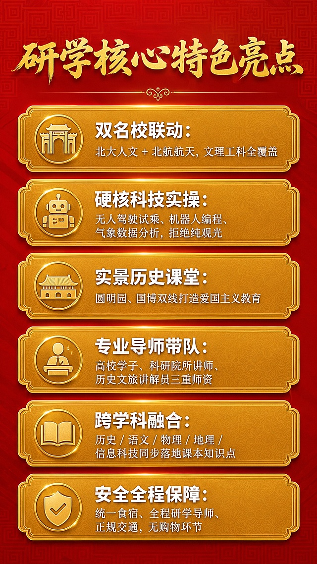 [第6屏] 详情页-研学特色亮点展示页。本屏为红色金色标签块设计，展示六大核心亮点。
[氛围/风格] 国潮标签风格，醒目突出，信息明确，设计质感强。
[元素布局] 每个亮点为一个独立金色标签块，排列在红色渐变背景上，从上到下依次排列六个标签，每个标签搭配小图标装饰，背景融入淡回纹底纹。
[光影质感] 标签和背景对比强烈，文字清晰，整体光照均匀饱满。
[配色色系] 背景主色故宫朱红 #C8102E，标签鎏金 #D4AF37，标签文字白色，标题鎏金大字。
[视角构图] 竖向标签列表构图，从上到下浏览，清晰明了。
[文字版式] 顶部大标题："研学核心特色亮点"，鎏金书法粗楷；六个亮点分别："双名校联动：北大人文 + 北航航天，文理工科全覆盖"；"硬核科技实操：无人驾驶试乘、机器人编程、气象数据分析，拒绝纯观光"；"实景历史课堂：圆明园、国博双线打造爱国主义教育"；"专业导师带队：高校学子、科研院所讲师、历史文旅讲解员三重师资"；"跨学科融合：历史 / 语文 / 物理 / 地理 / 信息科技同步落地课本知识点"；"安全全程保障：统一食宿、全程研学导师、正规交通，无购物环节"；亮点标题白色粗黑体，内容白色常规宋体，文字清晰不拥挤。
[比例分辨率] 9:16 竖版比例，2K分辨率，文字清晰可辨，高清画质。
[负向提示词] 文字错乱，文字过小，标签变形，颜色偏差，水印，布局混乱。