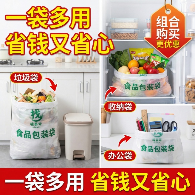 我的产品是食品包装袋，帮我做10张拼多多风格的主图预览效果