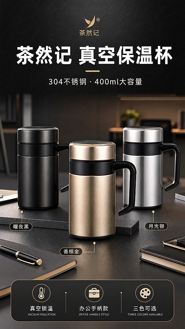 [商品] 使用【图1】中的不锈钢真空保温杯（带手柄办公款）；保留杯身结构、手柄造型、杯盖设计、304不锈钢材质、三色外观（曜夜黑/香槟金/月光银）和400ml容量比例；商品处理：增强金属质感与光泽，统一杯身比例，确保三色款结构一致。
[画面] 目标：头图海报，突出茶然记品牌与三色保温杯全家福。构图：上下分栏，上半部分深灰质感背景，下半部分现代办公桌面场景。主体：三色保温杯（曜夜黑、香槟金、月光银）呈三角错落摆放，香槟金居中C位，产品占画面60%。景别：中景。前中后景：前景桌面文具/笔记本，中景三色保温杯主体，后景虚化办公环境。阅读动线：顶部品牌标题→中部产品→底部卖点条。
[视觉] 套系策略：风格=现代商务高级质感商业摄影；标题字=粗黑体；正文字=简洁无衬线黑体；主色=深炭灰+香槟金；背景延展=基于深炭灰做深浅渐变、金属拉丝质感、同色系明暗层级；强调色=香槟金，仅用于小面积图标、引线、标签和品牌点缀；标题色=白色/香槟金；正文色=浅灰/白色；组件=圆角信息卡、细线引线、金色点缀标签；光影=左前侧暖柔光，金属杯身呈现自然高光反射。
[文字] 顶部居中主标题「茶然记 真空保温杯」，副标题「304不锈钢 · 400ml大容量」；底部信息条3个短卖点：「真空锁温」「办公手柄款」「三色可选」；文字不遮挡杯身主体。
[规格] 图片比例9:16竖版，4K分辨率，淘宝天猫详情页适配；负向提示：避免变形、错字、文字过小、冷蓝背景、杯身结构改变、颜色失真、绝对化用语。