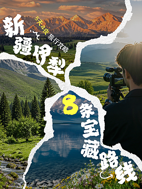 新疆伊犁旅游自驾游路线旅行攻略撕纸拼图四宫格创意小红书封面