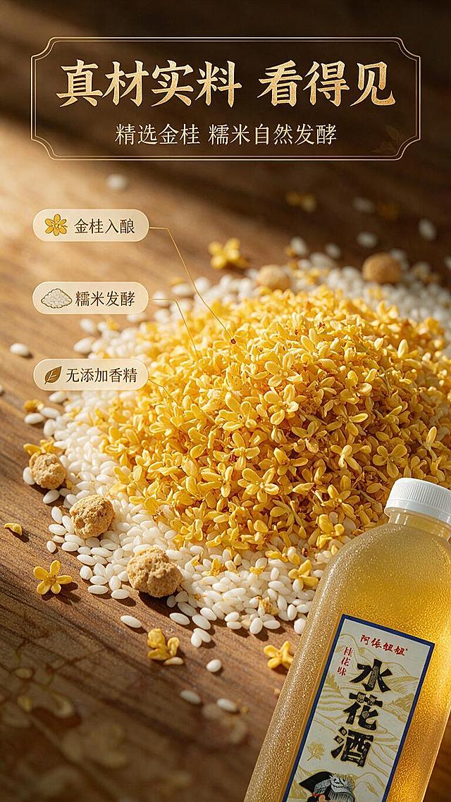 [商品] 阿依妞妞桂花味水花酒原料展示，突出真实原料。
[画面] 第3张-原料展示，画面主体是满满一堆金黄色桂花的微距特写（金桂花朵饱满，色泽金黄鲜亮），旁边散落白糯米粒和酒曲，木质桌面背景，原料占画面60%以上，右下角小图露出产品瓶一角，上方和左侧放文案，突出金桂+糯米原料。
[视觉] 套系策略：风格=中式清润暖调商业摄影；标题字=粗黑体厚重有力带书法飞白感；正文字=简洁黑体；主色=暖金黄+米白；背景延展=基于暖木棕做深浅层级、木质纹理、桂花纹样暗纹；强调色=桂花金黄，仅用于小面积图标、引线和标签；标题色=深棕金；正文色=深暖灰；组件=圆角浅底信息卡、细线引线、中式花窗装饰边框；光影=侧逆暖光，自然窗光感，酒液通透有琥珀光泽。
[文字] 左上主标题"真材实料 看得见"8字，副标题"精选金桂 糯米自然发酵"12字，左侧3个原料信息点"金桂入酿""糯米发酵""无添加香精"，配小图标，文字横排。
[规格] 图片比例9:16竖版，1K分辨率，避免变形、错字、文字过小、冷蓝背景、原料不真实。