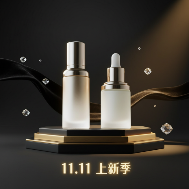 以黑金为主色调，中央是带金属光泽的六边形展台，展台上摆放产品，展台下方装饰“11.11 上新季” 发光字，背景有黑色丝绒飘带、钻石形装饰，背景为黑灰渐变。预览效果