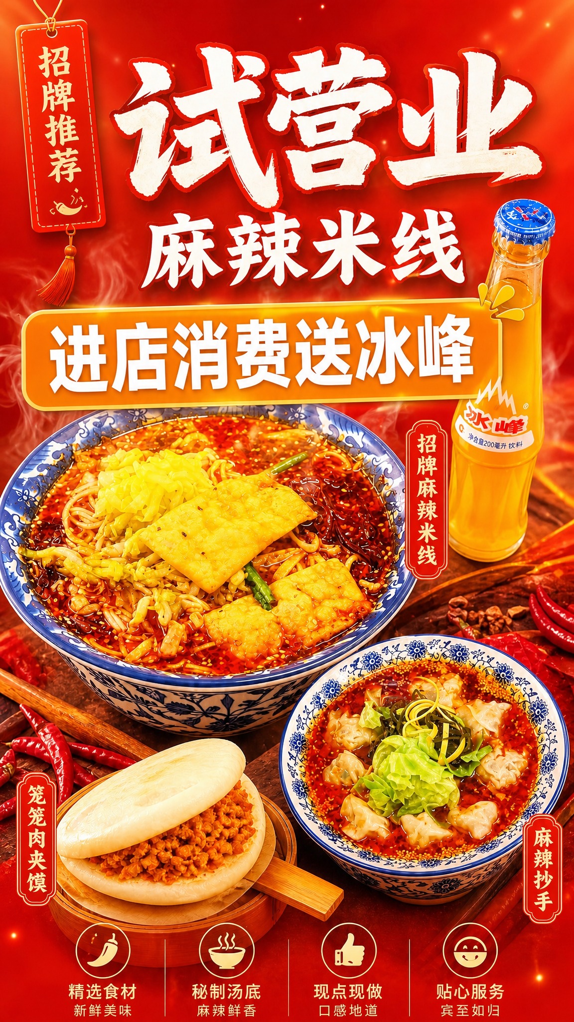 在原图基础上修改：1. 将"进店消费送冰峰"的橙色标签整体放大… - 图片创意预览
