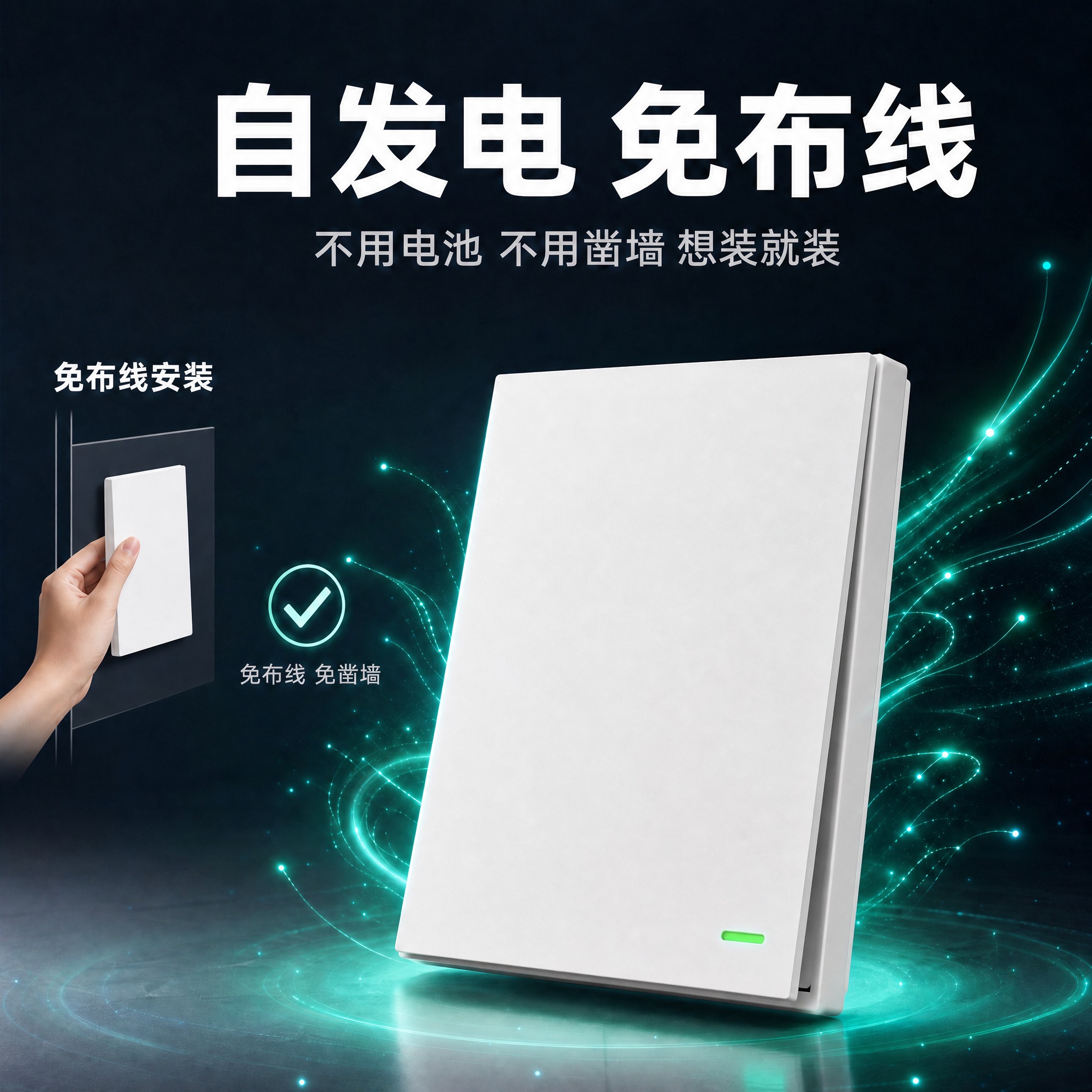 修改这张主图：将画面右侧的大产品主体（双键自发电无线开关）替换… - 图片创意预览
