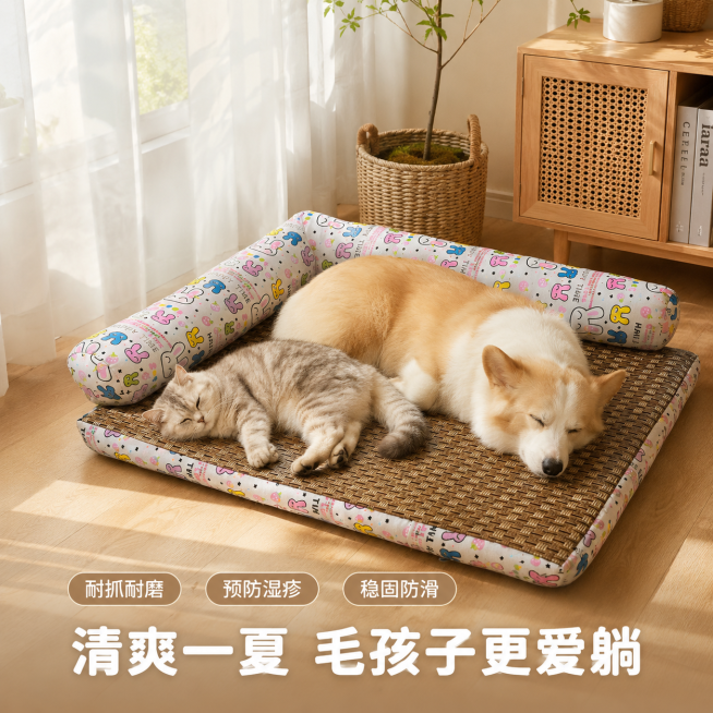 「图片1」，生成一套主图（5张），商品名称夏季 L 型靠背宠物凉窝 天然藤席狗窝 可拆洗防滑中小型犬猫咪凉垫，卖点是夏日刚需｜L 型靠背藤席宠物窝，毛孩子避暑神器 专为怕热猫狗设计 L 型直角靠背窝，预览效果