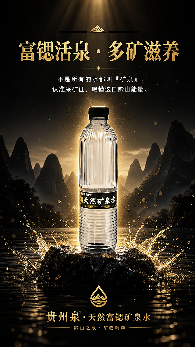 [第9屏 品牌收口] 贵州泉饮用天然矿泉水（富锶型）详情页第九屏-品牌压底行动号召。本屏使用产品图作为画面核心产品，保持瓶身竖纹结构、黑色瓶盖、黑绿标签、541ml规格与原图完全一致。
[氛围/风格] 黑金轻奢风，品牌感强，大气收尾，行动号召，高级质感。
[元素布局] 产品瓶身置于画面中央偏下，占比约40%，立于黑色岩石上，周围有水花和金色光粒子；背景是喀斯特山影剪影，顶部有金色光束洒下；画面上方是主标题和副标；底部是品牌落款；整体居中对称，大气庄重。
[光影质感] 顶部金色光束打下，产品有光晕；山影层次分明；水面有金色反光；整体黑金对比强烈，品牌感强。
[配色色系] 底色深灰至黑渐变#1A1A1A至#0A0A0A；金色#D4A017主点缀；山影深灰#2A2A2A；产品透明。
[视角构图] 正面居中，产品为视觉中心；阅读动线：顶部主标→中央产品→底部品牌。
[文字版式] 顶部主标题「富锶活泉·多矿滋养」超大金色字；副标题/行动指令「不是所有的水都叫『矿泉』，认准采矿证，喝懂这口黔山能量。」白色小字；底部品牌落款「贵州泉·天然富锶矿泉水」金色字+品牌LOGO；文字居中对齐，大气有力。
[比例分辨率] 9:16竖版比例，4K分辨率，文字清晰可辨，高清画质。
[负向提示词] 瓶身变形，缺件错件，标签文字错乱，文字模糊，水印，画面杂乱，颜色偏差，按钮出现，诱导点击。