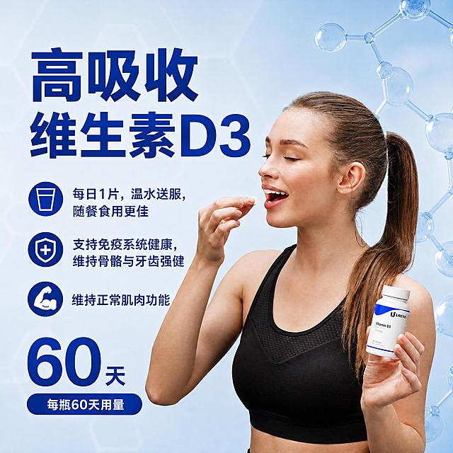 图生图，将此图放大为高清大图，保持所有中文文字、构图、配色、人物和产品外观完全不变。画面内容：穿黑色运动内衣的女性正在服用药片，左手持产品瓶，左侧深蓝色大字标题两行"高吸收 维生素D3"，三个图标引导的卖点文字，底部超大数字"60天"和胶囊按钮"每瓶60天用量"。背景为浅蓝色渐变+透明玻璃分子结构。要求超高清，文字锐利清晰，人物皮肤自然，商业摄影级质感。