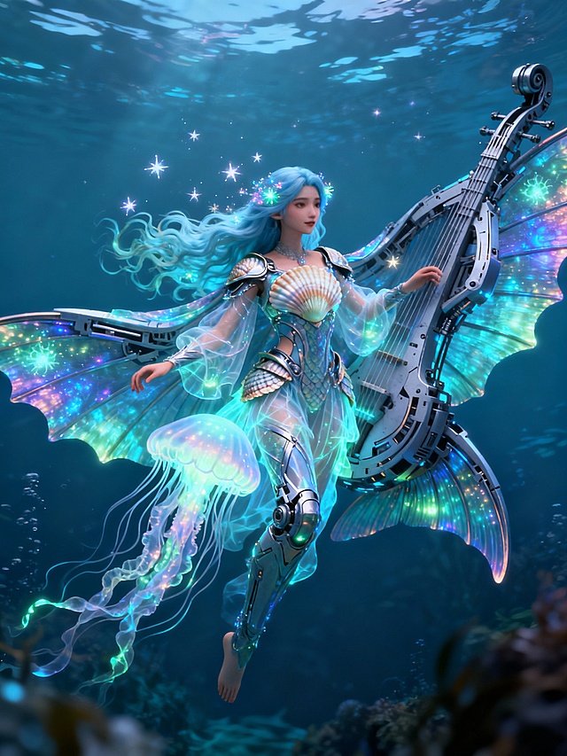 动画电影级概念艺术，深海幻想主题。一位“巡海歌姬”悬浮在梦幻的深海中。她的服饰由半透明的发光水母纱与贝壳装甲构成，浅蓝色长发如海藻般飘散，发间有星星点点的生物荧光。巨大而绚丽的机械鱼鳍在她身后展开，如同披风与乐器，随着水流律动发出柔和的光波。