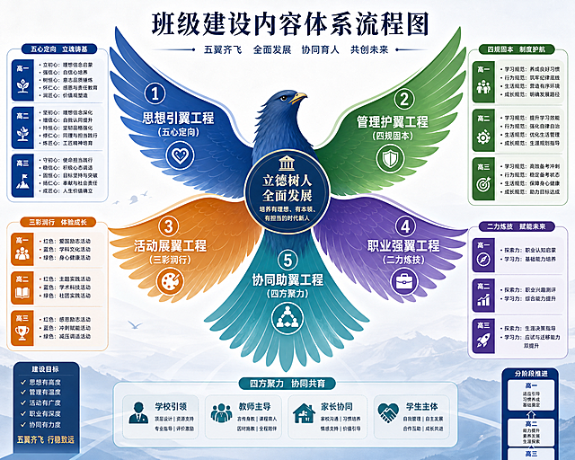 制作一张班级建设内容体系流程图，整体设计美观大气，采用一只鸟拥有五个翅膀的图形结构，每个翅膀对应一个模块：思想引翼工程（五心定向）、管理护翼工程（四规固本）、活动展翼工程（三彩润行）、职业强翼工程（二力炼技）、协同助翼工程（四方聚力），清晰展示每个模块下的子内容和分阶段（高一、高二、高三）的分层结构，配色专业大气，信息层级清晰，信息图表设计