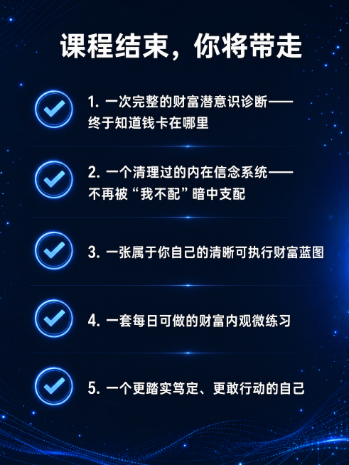 [第8屏] 三天课程收获总结页。现代科技感成果清单设计，深蓝色背景。顶部大标题"课程结束，你将带走"，下方排列五个带对勾图标的成果项：1.一次完整的财富潜意识诊断——终于知道钱卡在哪里 2.一个清理过预览效果