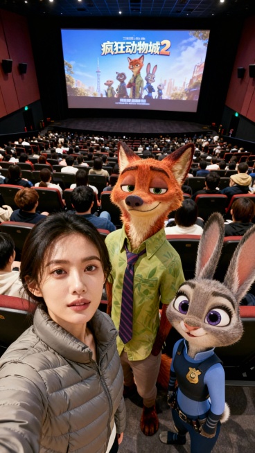 请将图1和图2的人物融合成一张俯拍自拍照，画面构图紧凑，主体靠得很近，头部略微上仰，眼神直视镜头，营造出强烈的视觉冲击力，背景为超大电影院坐满了观众，三人背对银幕，银幕显示《疯狂动物城2》电影精美海报预览效果