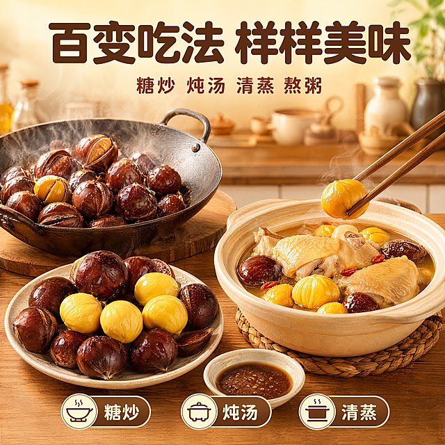 [主图-4] 场景种草-家庭厨房多种吃法场景。
[统一基调] 京东风格简洁稳重，文字占比<30%，一图一重点；自然新鲜产地烟火气，暖色调食欲感，商业摄影质感；背景主色暖杏色，标题字色深棕，辅助字色棕红，强调色金黄；字体为厚重圆角黑体，组件用暖棕色圆角胶囊。
[画面] 本张使用【图1】中的板栗产品作为主体参考，生成温馨家庭厨房场景：木质餐桌上摆放三盘板栗美食呈三角布局，占比约70%；左上一盘糖炒板栗，铁锅盛装冒着热气，板栗油亮；右下一砂锅板栗炖鸡汤，汤色清亮可见金黄栗仁；中间一盘清蒸板栗配小碟蘸料；每盘板栗的颜色形态与输入图一致；背景虚化的厨房有调料瓶、砧板等元素；一双筷子正夹起一颗板栗，增加动态感。
[光影质感] 暖色调顶光+侧光，食物热气腾腾有食欲，整体温馨明亮，光影自然真实。
[配色] 背景主色暖杏色#FFF5E1，主色深棕+金黄，辅助色木色+白色餐具。
[文字版式] 顶部主标题「百变吃法 样样美味」，大字号厚重圆角黑体深棕色；下方副标题「糖炒 炖汤 清蒸 熬粥」，小一号棕红色圆角黑体；画面底部三个小图标横向排列，分别标注「糖炒」「炖汤」「清蒸」。
[输出要求] 1:1方图，2048*2048，4K分辨率，文字清晰，产品清晰；负向：食物变形、颜色偏差、场景虚假、错字、模糊、杂乱、水印、平台Logo。