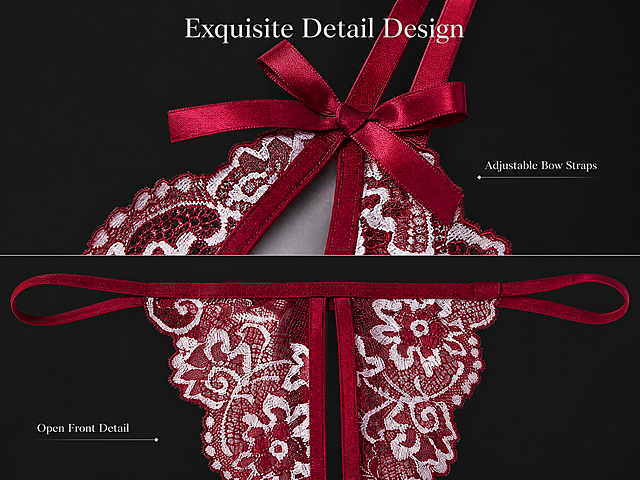 [Screen 4] Design Highlight - Bow & Strap Detail for Rose Muse red lace two-piece lingerie set. This screen uses [image1] as product reference, focus on displaying the bow and adjustable strap design details, keep the original product structure and color unchanged. [Atmosphere/Style] Delicate design detail display, clean style, highlight the ingenuity of design. [Element Layout] The upper part of the screen is a close-up of the bow strap part of the bra, accounting for about 45% of the space, the bow knot and ribbon structure are clearly visible. The lower part is a close-up of the T-back side strap opening design, accounting for about 45% of the space, upper and lower layout, separation clear. Keep the lace pattern and red color matching consistent with the original image. [Lighting & Texture] Soft even light, clearly present the luster of the ribbon and the splicing of lace and ribbon, the texture is clearly visible. [Color Matching] Global background color #1a1a1a (deep dark grey); product main color: burgundy red + off-white, consistent with the original image. [Perspective & Composition] Two close-up layouts, upper and lower separation, each area focuses on a design detail, clear level. [Text Layout] Top title "Exquisite Detail Design", centered, light silver serif font. Each detail area has a small label: upper "Adjustable Bow Straps", lower "Open Front Detail", small font, clear and readable, do not block the core details. [Proportion & Resolution] 4:3 vertical proportion, 4K resolution, clear details, 4K resolution. [Negative Prompt] Deformed structure, wrong bow position, color deviation, fuzzy texture, watermark, text confusion, Chinese characters, messy background.