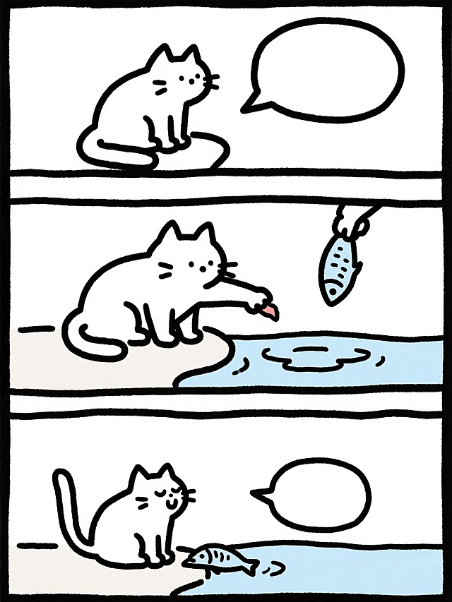 卡通感插画风，漫画式分镜展现猫咪钓鱼的趣味瞬间，简洁线条传达欢乐氛围。