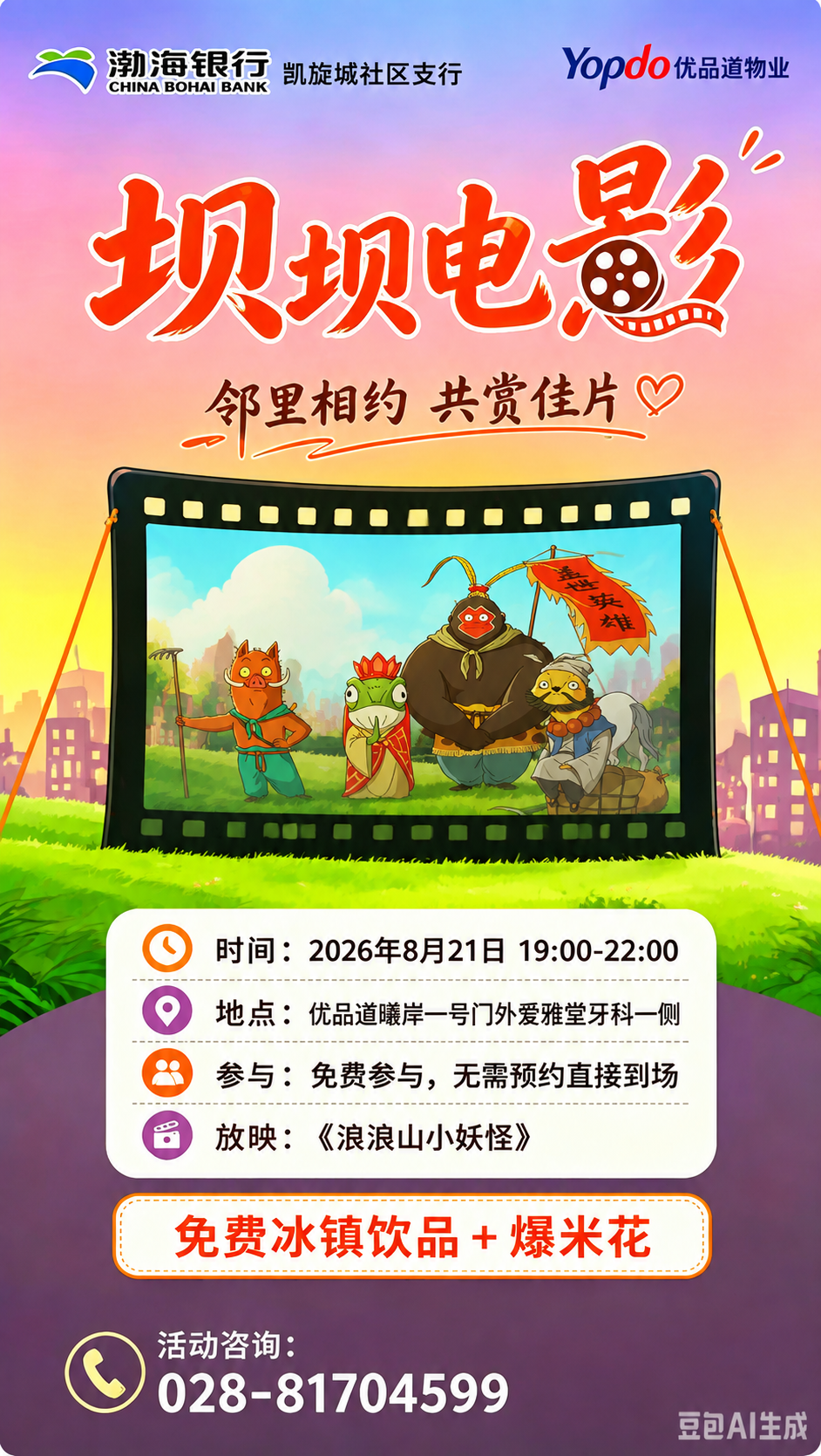 基于参考图进行修改，保持整体排版、颜色、背景和夏日社区露天电影… - 图片创意预览