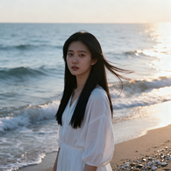 一位22岁东方女生，黑色长直发，身穿白色宽松连衣裙，带着清冷温柔的表情，站在海边沙滩上，微风拂动头发，傍晚黄金小时光，柔和逆光，海面波光粼粼，写实摄影风格，8K超清，电影级画质，景深效果，干净背景预览效果