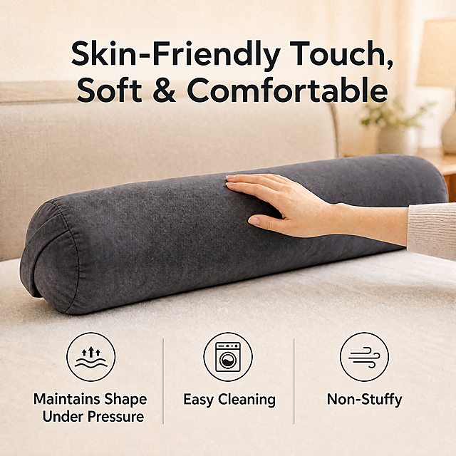 Convert all Chinese text to English: main title 'Skin-Friendly Touch, Soft & Comfortable'; bottom icons with English labels: 'High Resilience' → 'Maintains Shape Under Pressure', 'Removable & Washable' → 'Easy Cleaning', 'Breathable & Cool' → 'Non-Stuffy'. Keep product appearance, hand touch gesture, sofa background identical to input image. 1:1, 4K.