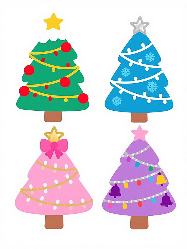 4棵不同装饰、不同配色、不同外观的圣诞树，白色背景，排列整齐，每棵圣诞树都采用扁平插画风格，线条圆润流畅，色彩鲜明饱和，造型简约可爱。第一棵圣诞树为传统绿色，顶部有黄色星星，缠绕黄色和红色灯带，点缀红色圆形装饰球，树冠有白色积雪；第二棵圣诞树为蓝色，顶部有银色星星，缠绕白色和蓝色灯带，点缀蓝色雪花装饰；第三棵圣诞树为粉色，顶部有金色星星，缠绕粉色和金色灯带，点缀粉色蝴蝶结；第四棵圣诞树为紫色，顶部有彩色星星，缠绕紫色和银色灯带，点缀紫色铃铛。整体画面简洁明快，充满节日氛围，视觉层次清晰，信息传达高效。