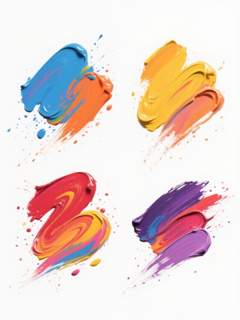 纯白背景上，四个完全不同形态的油漆元素规整排布成系列素材集合，每个元素均采用厚涂油画质感的多彩油漆笔触风格，保持鲜艳饱和的色彩（包含蓝色、橙色、黄色、红色、紫色等）、富有动感的流动形态、清晰的笔触纹理和飞溅的油漆颗粒细节，整体视觉风格统一，每个元素在构图、色彩搭配和笔触走向方面各具特色，形成协调且多样的油漆艺术系列设计。预览效果
