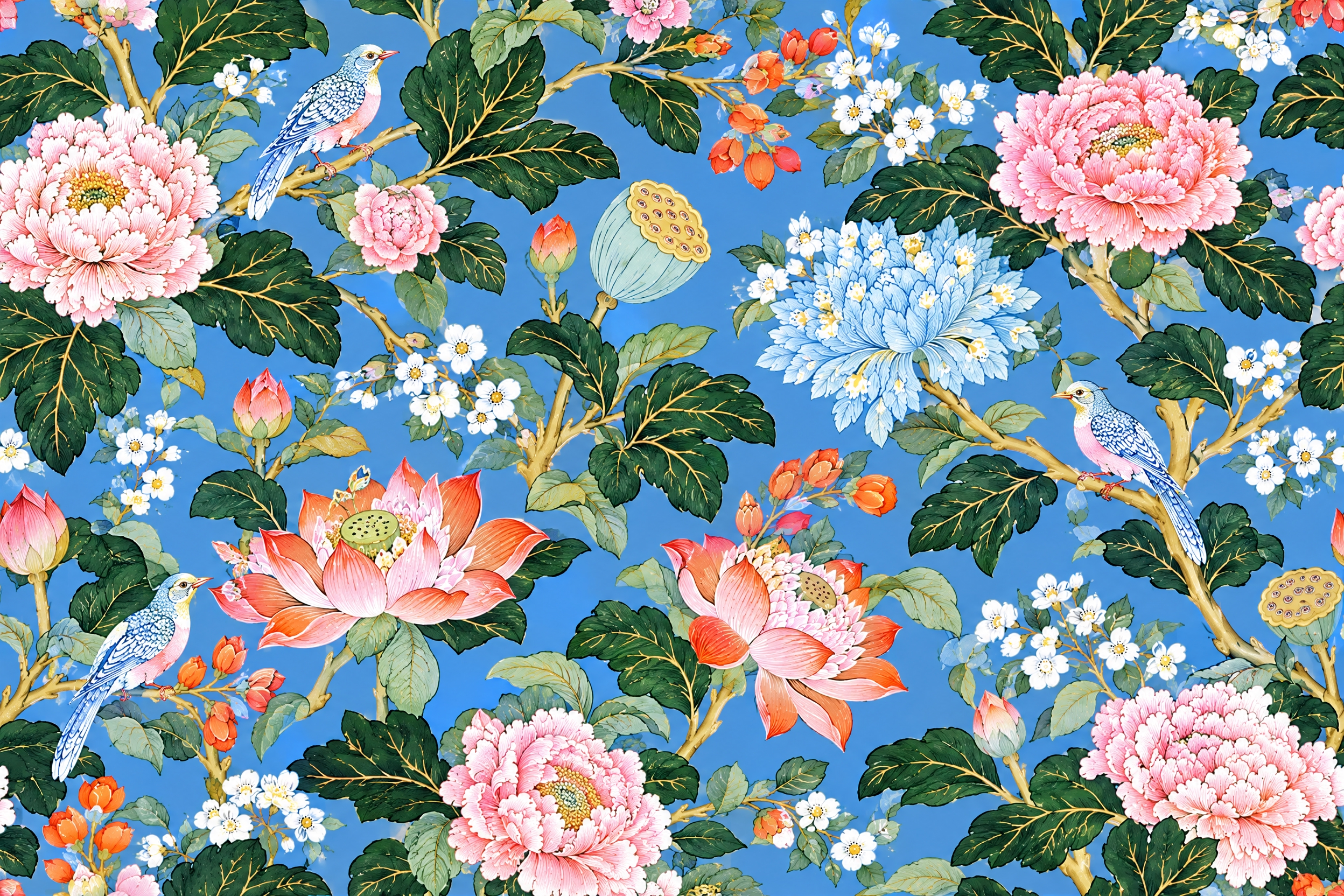 参考图片的中式工笔花鸟装饰画风格，重新生成全新的花卉鸟类图案，… - 图片创意预览