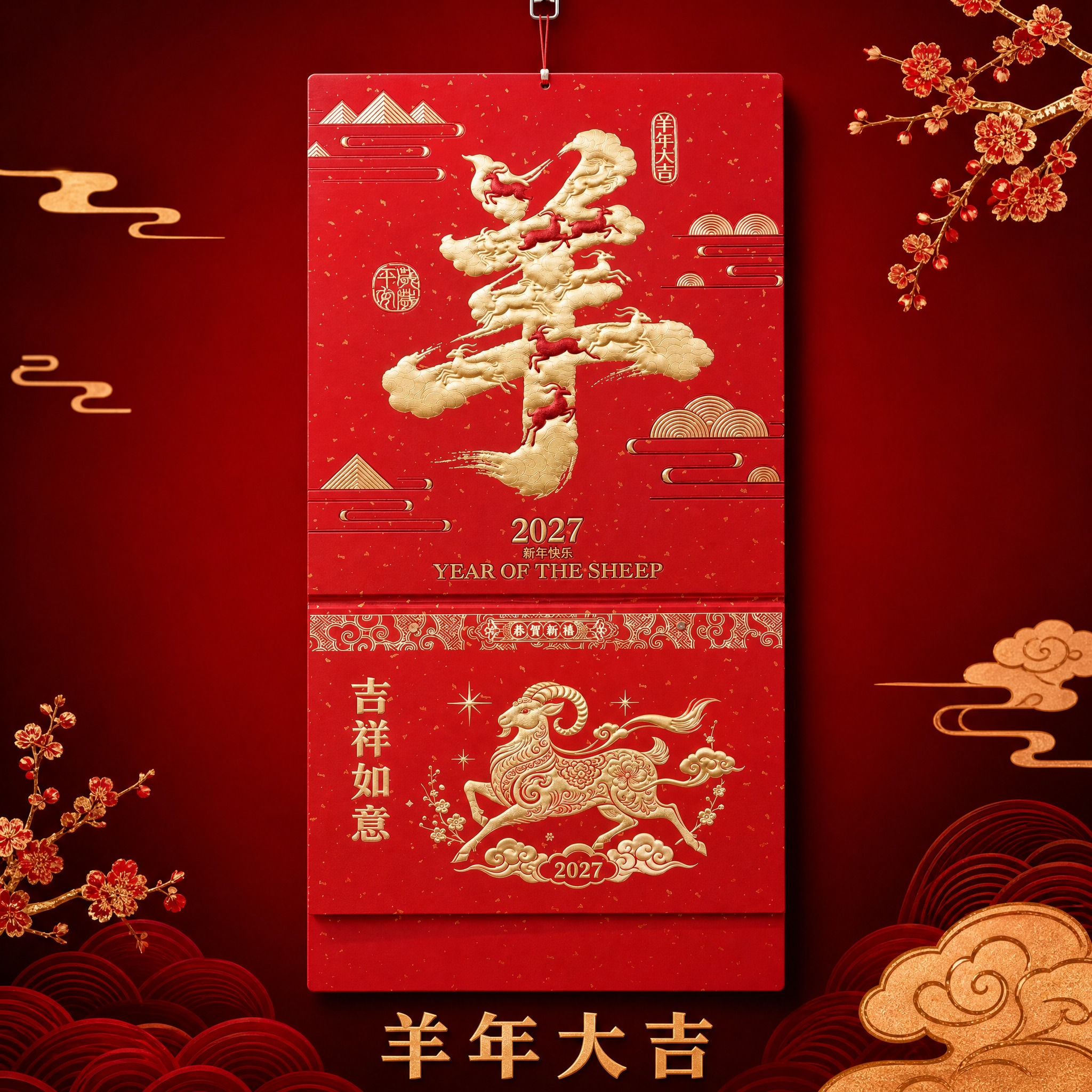 羊年大吉款2027羊年中国红烫金挂历 SKU单品图。 [统一基… - 图片创意预览