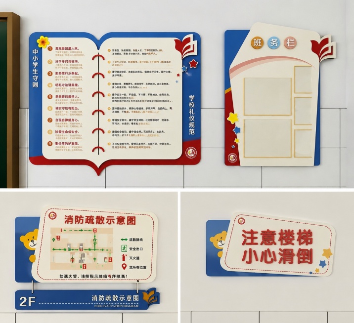 参考原图风格，重新生成这套校园文化墙标识，包含中小学生守则文化墙、班务栏、二楼消防疏散示意图和注意楼梯小心滑倒提示牌，保持原有设计布局、配色和立体风格不变，重新生成清晰的画面内容预览效果