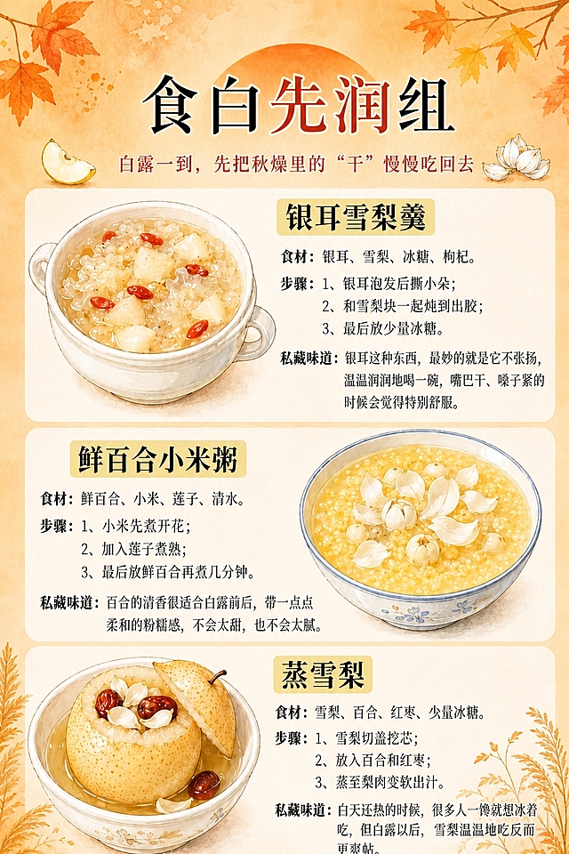 将这张食白先润组海报的背景主色调改为橙色秋天暖色调，整体改为金秋暖橙橘黄色系氛围。保留原图所有文字内容、三道食谱（银耳雪梨羹、鲜百合小米粥、蒸雪梨）的版式结构、所有食物插画和文案排版。背景底色改为温暖的浅橙色渐变，顶部装饰的粉色圆形改为暖橙色，整体色调偏暖橙橘黄，营造秋日食白的温暖氛围感。画面中所有文字必须与原图完全一致，不得改写、简化或编造。版式精美，手绘水彩风格，秋日暖橙主色调。