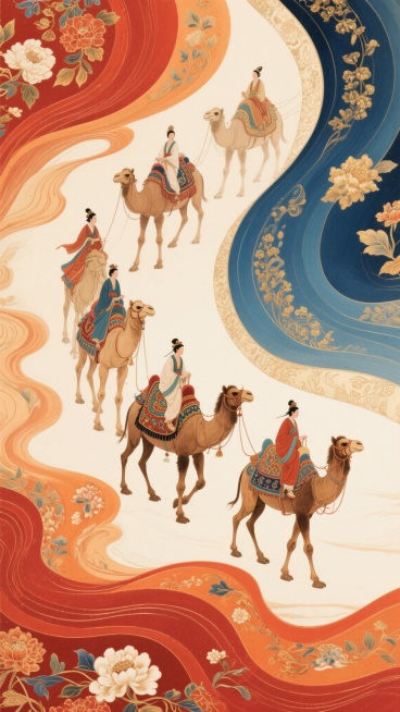 neo chinese style, traditional chinese painting, camel caravan, four camels with decorative saddles, riders in traditional costumes, flowing wave patterns in red, orange, blue and gold, intricate fl……预览效果