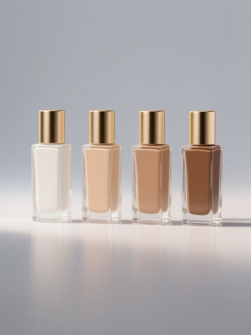 软3D风格美妆产品展示，四个相同的粉底液瓶子等间距线性排列在纯色背景上，透明方形玻璃瓶身搭配光滑金色金属瓶盖，瓶身直立姿态规整，瓶内分别装有从浅到深依次为象牙白、自然米色、小麦色、古铜色的六种完全不同色号粉底液，整体画面色彩明快干净，光影柔和，高光细腻，突出每个粉底液色号的独特质感和色彩差异，展现精致美妆产品视觉效果。预览效果