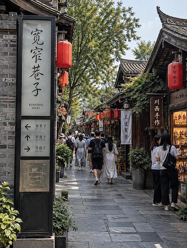 宽窄巷子高清实拍风景图，清朝古街道，川西民居建筑，古街小巷，红灯笼，游人，真实摄影质感，纪实质感，3:4竖版构图