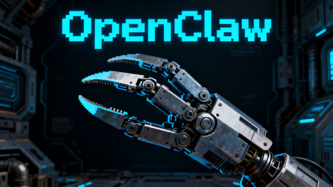 OpenClaw主题封面，复古像素风格，展示机械爪核心形象，搭配科技感暗色调背景，带有工业金属质感，视觉冲击力强，作为游戏封面使用预览效果
