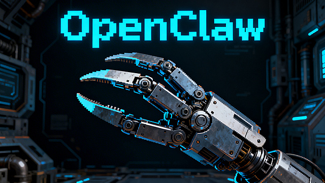 OpenClaw主题封面，复古像素风格，展示机械爪核心形象，搭配科技感暗色调背景，带有工业金属质感，视觉冲击力强，作为游戏封面使用