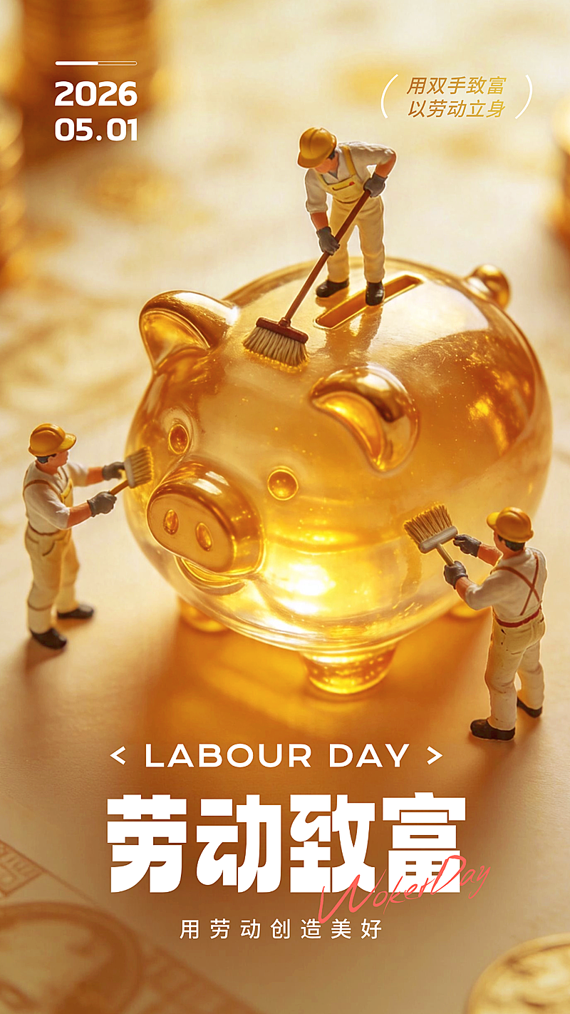 五一劳动节节日祝福小人微距劳动致富竖版海报